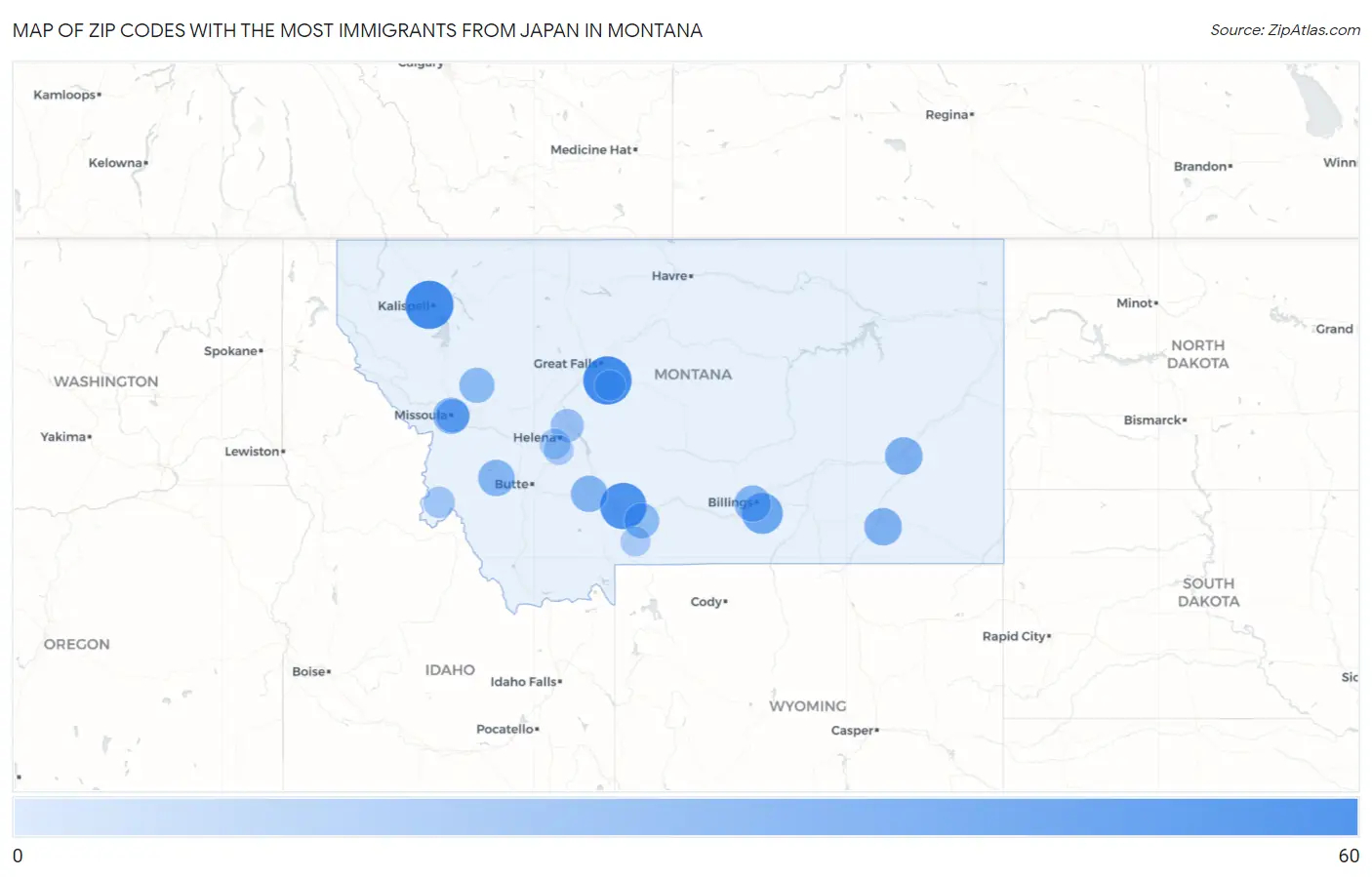 Zip Codes with the Most Immigrants from Japan in Montana Map