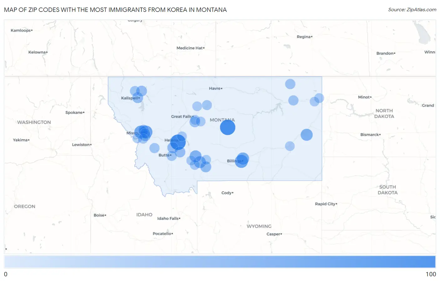 Zip Codes with the Most Immigrants from Korea in Montana Map