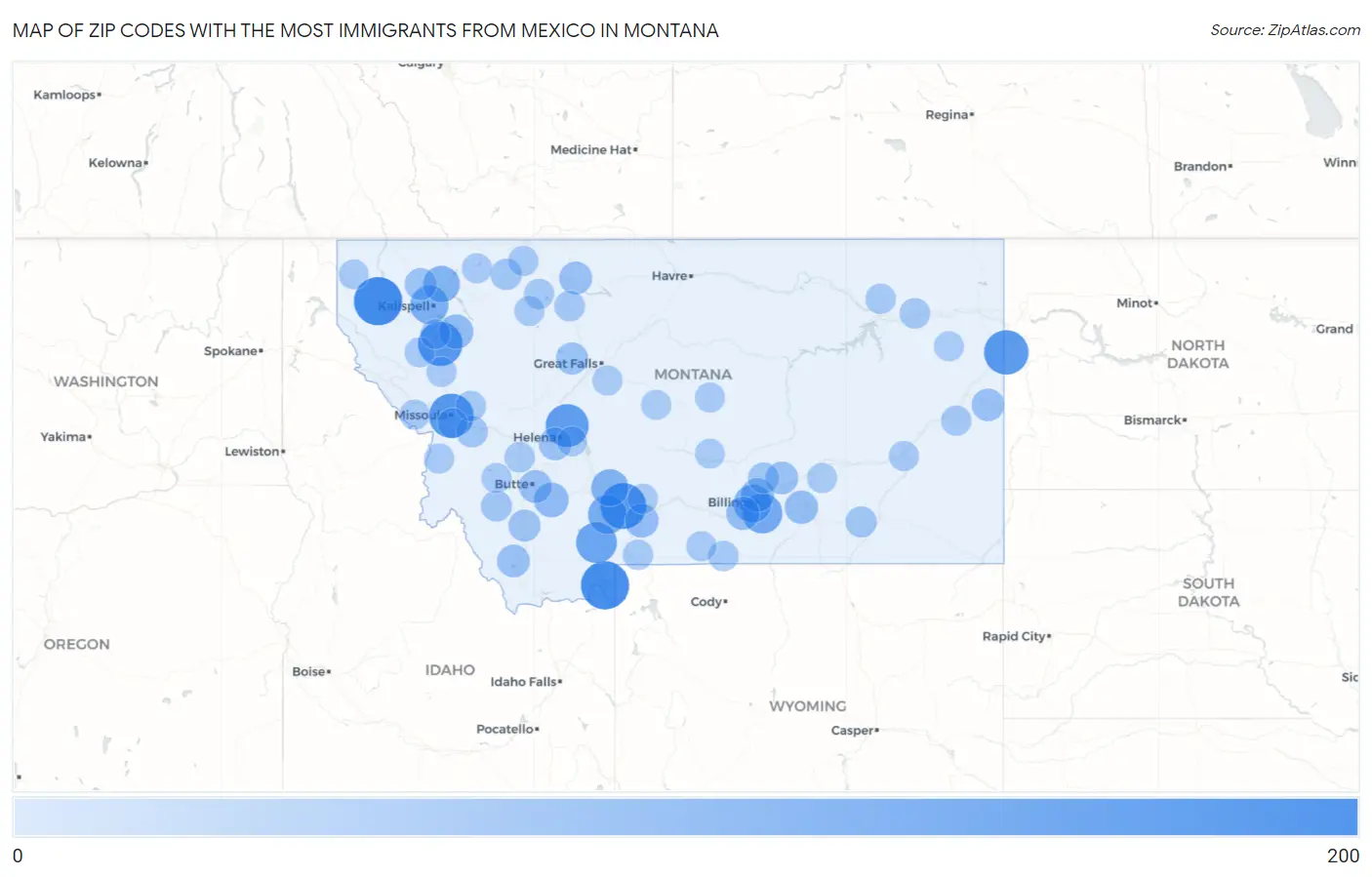 Zip Codes with the Most Immigrants from Mexico in Montana Map