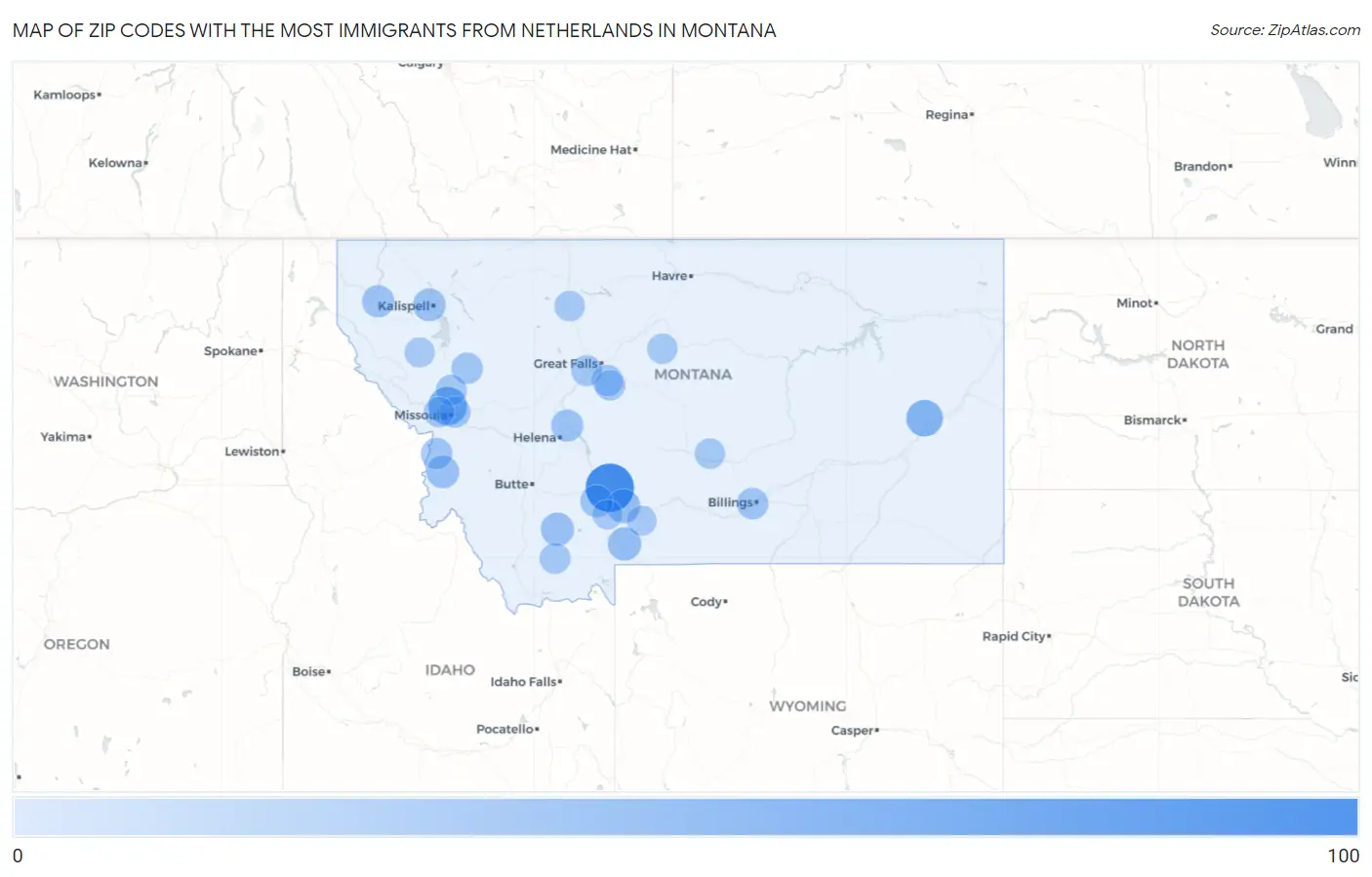 Zip Codes with the Most Immigrants from Netherlands in Montana Map