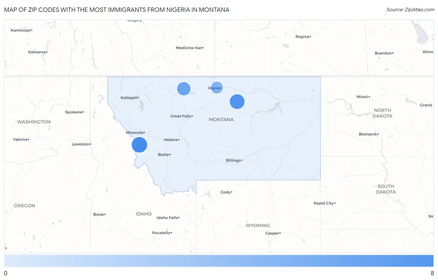 Zip Codes with the Most Immigrants from Nigeria in Montana Map