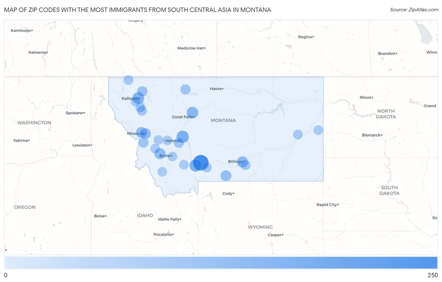 Zip Codes with the Most Immigrants from South Central Asia in Montana Map