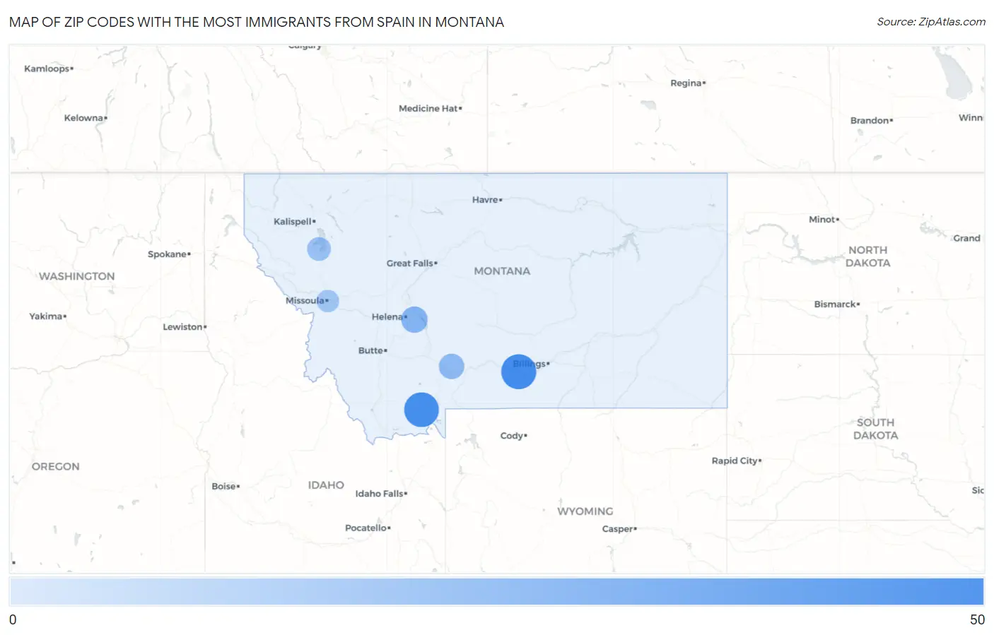 Zip Codes with the Most Immigrants from Spain in Montana Map