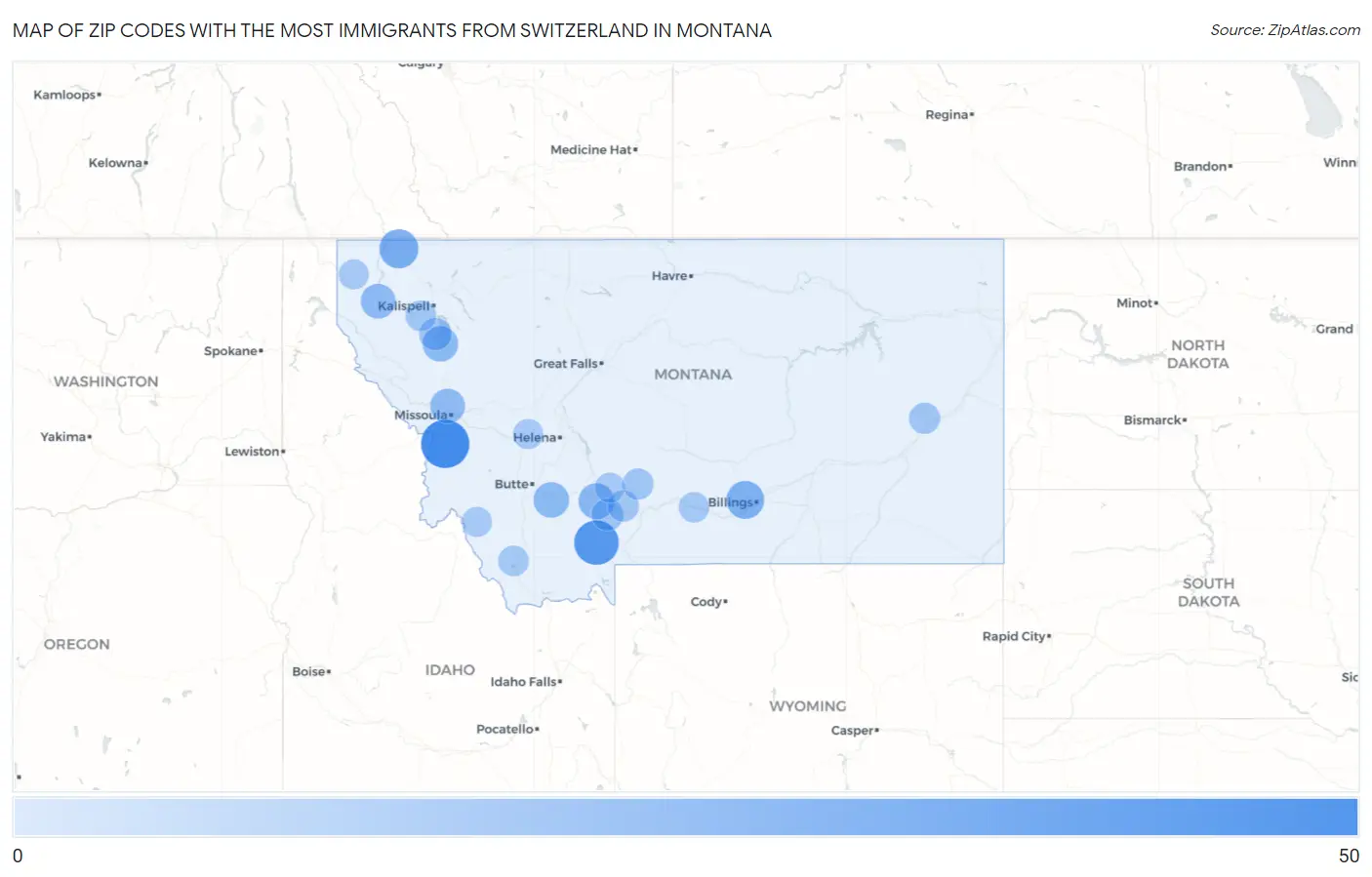 Zip Codes with the Most Immigrants from Switzerland in Montana Map