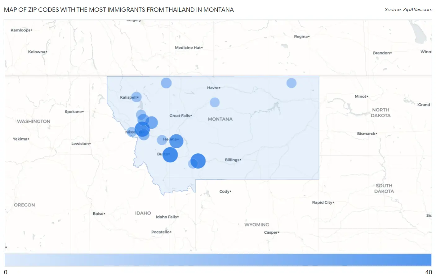 Zip Codes with the Most Immigrants from Thailand in Montana Map