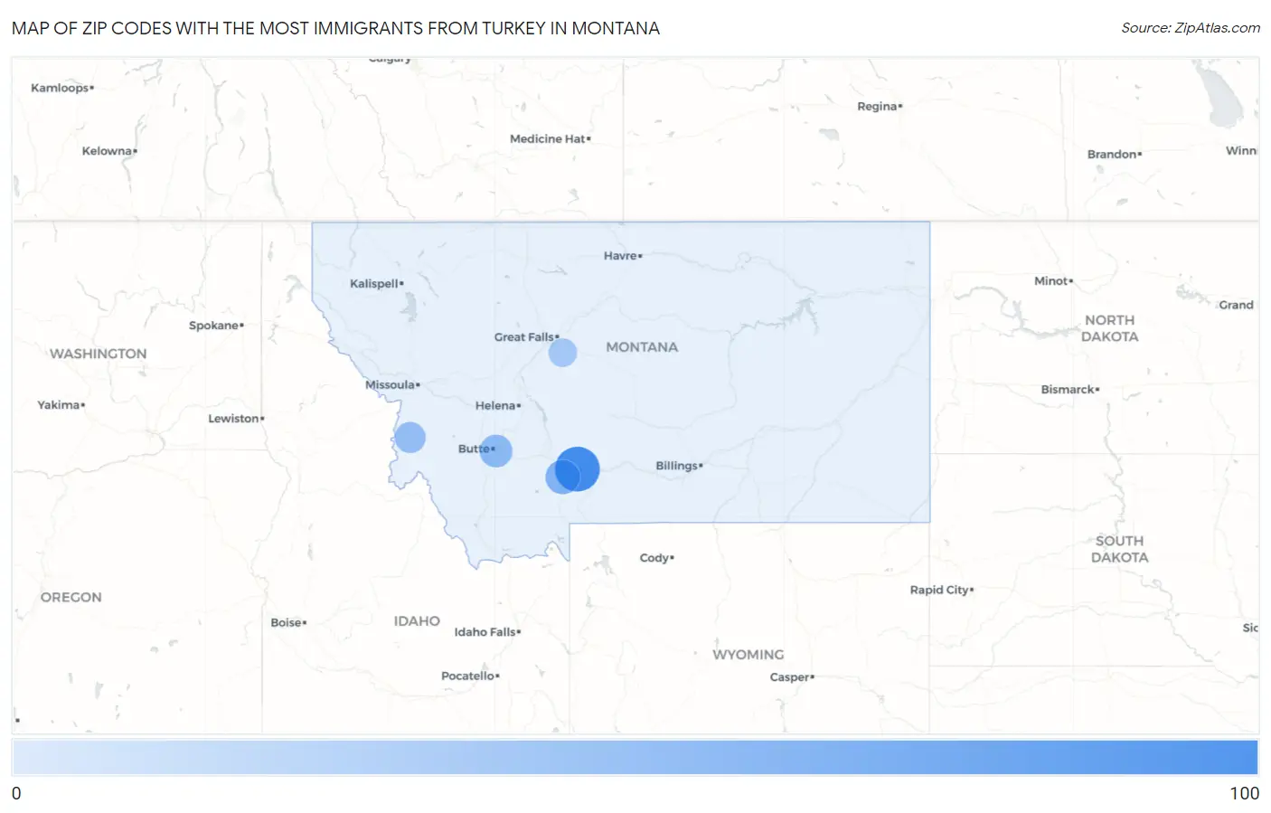 Zip Codes with the Most Immigrants from Turkey in Montana Map