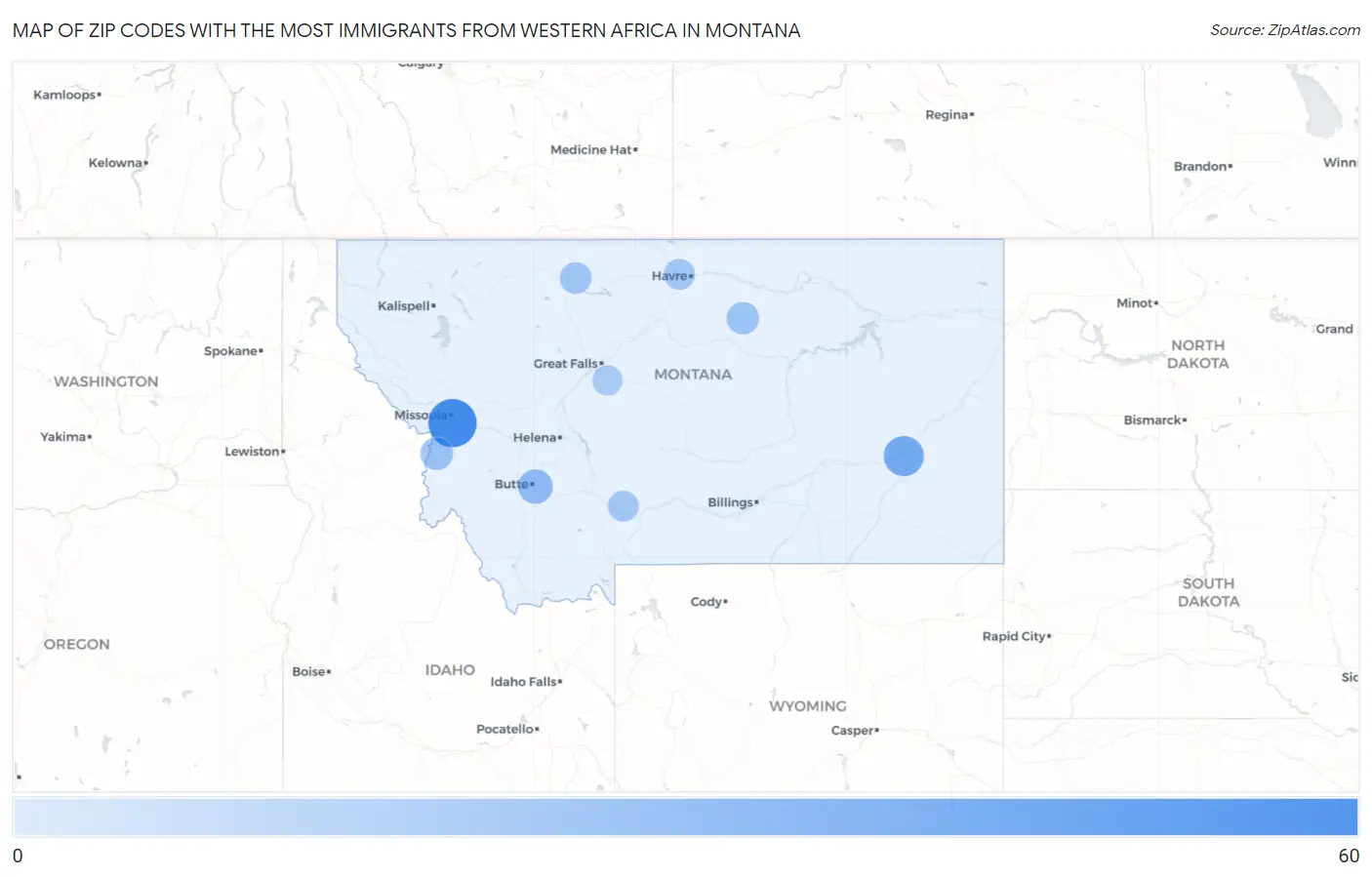 Zip Codes with the Most Immigrants from Western Africa in Montana Map