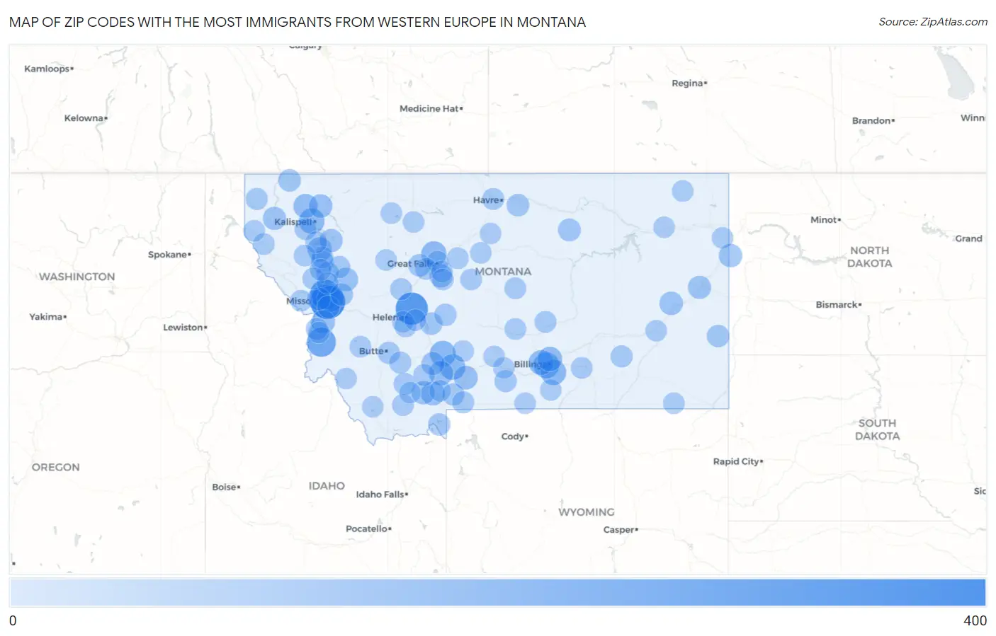 Zip Codes with the Most Immigrants from Western Europe in Montana Map