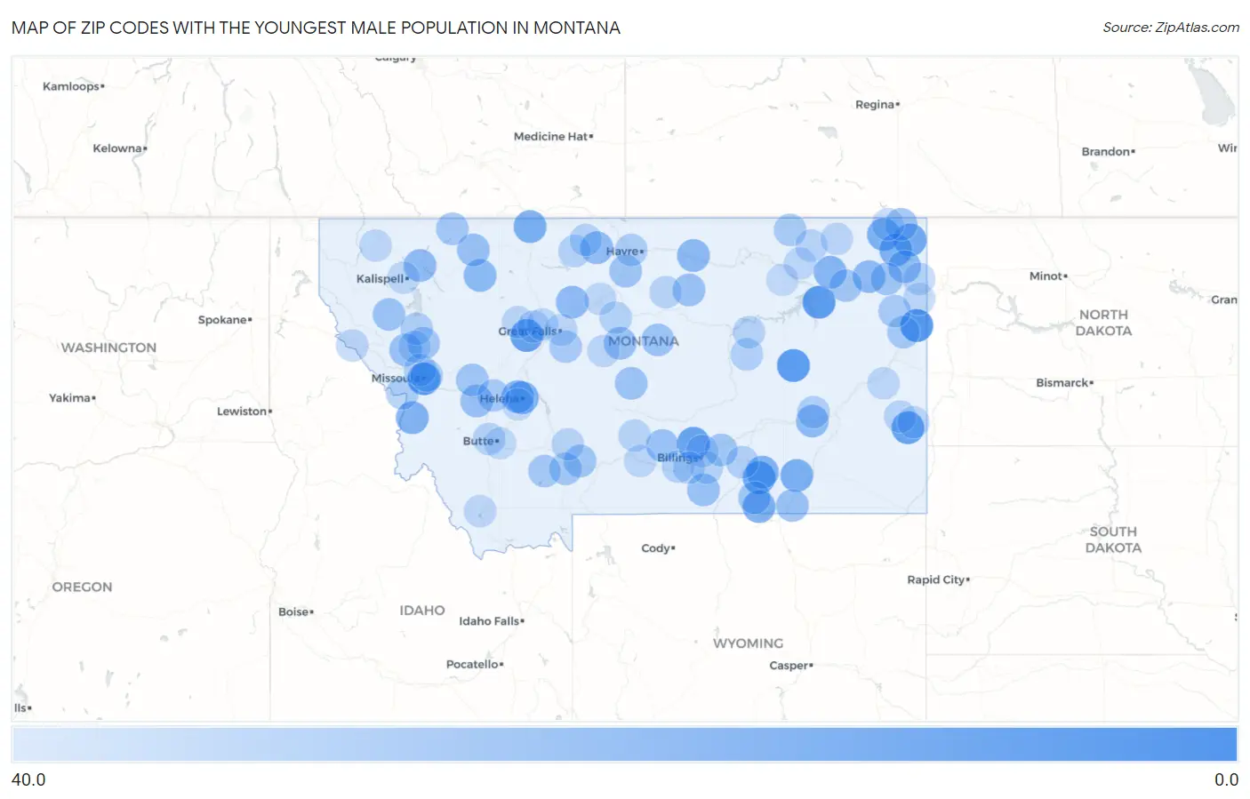 Zip Codes with the Youngest Male Population in Montana Map