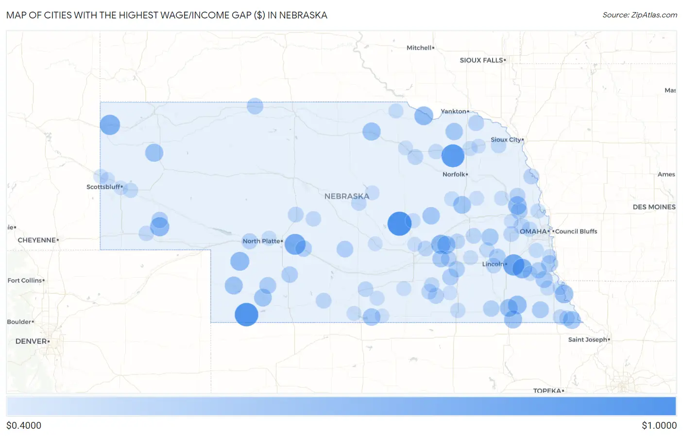Cities with the Highest Wage/Income Gap ($) in Nebraska Map