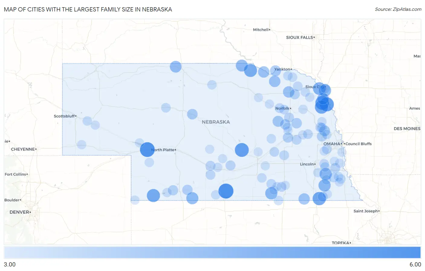 Cities with the Largest Family Size in Nebraska Map