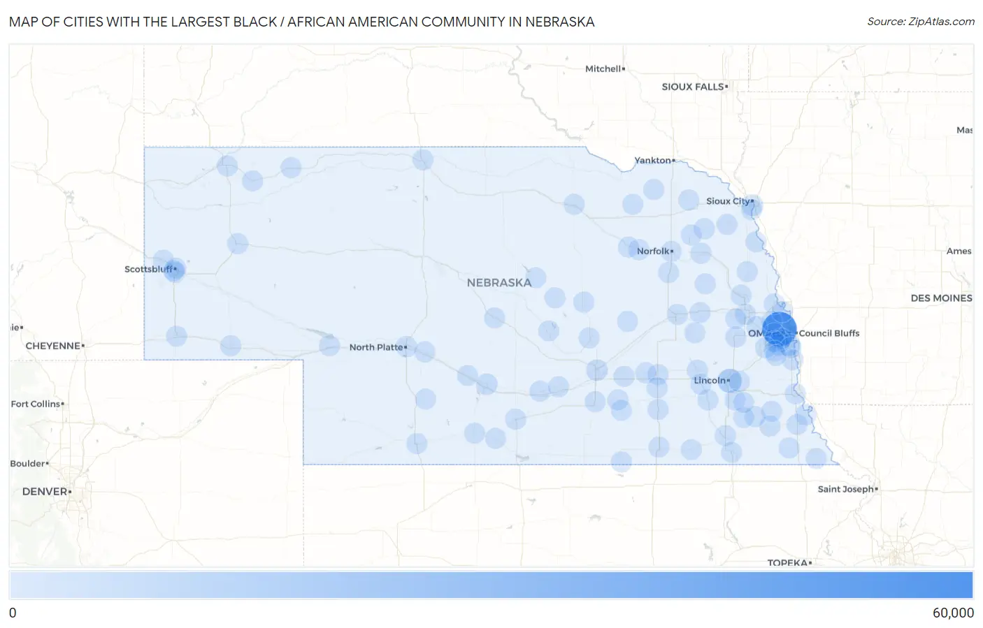 Cities with the Largest Black / African American Community in Nebraska Map