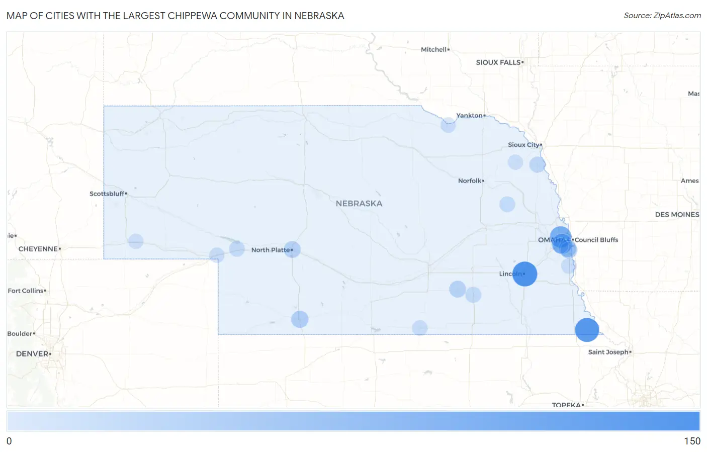 Cities with the Largest Chippewa Community in Nebraska Map