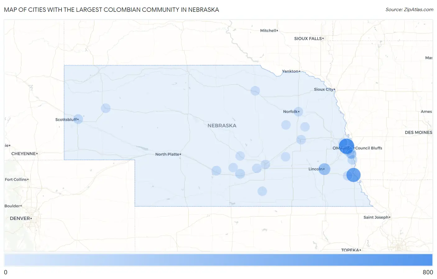 Cities with the Largest Colombian Community in Nebraska Map