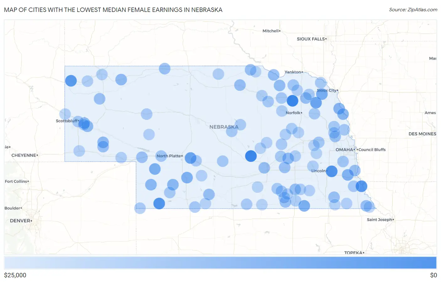 Cities with the Lowest Median Female Earnings in Nebraska Map