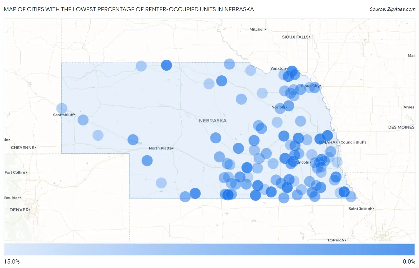 Cities with the Lowest Percentage of Renter-Occupied Units in Nebraska Map