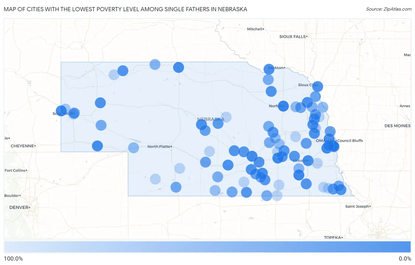 Cities with the Lowest Poverty Level Among Single Fathers in Nebraska Map