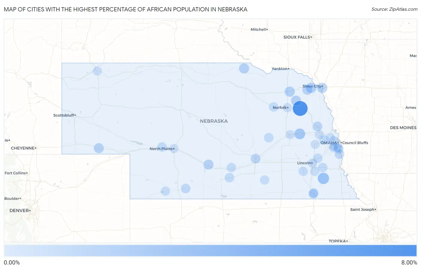 Cities with the Highest Percentage of African Population in Nebraska Map
