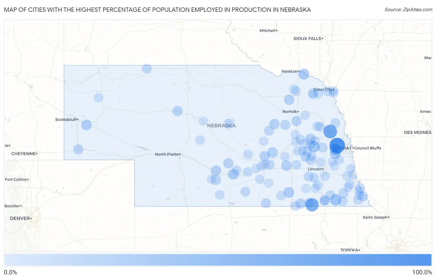 Cities with the Highest Percentage of Population Employed in Production in Nebraska Map