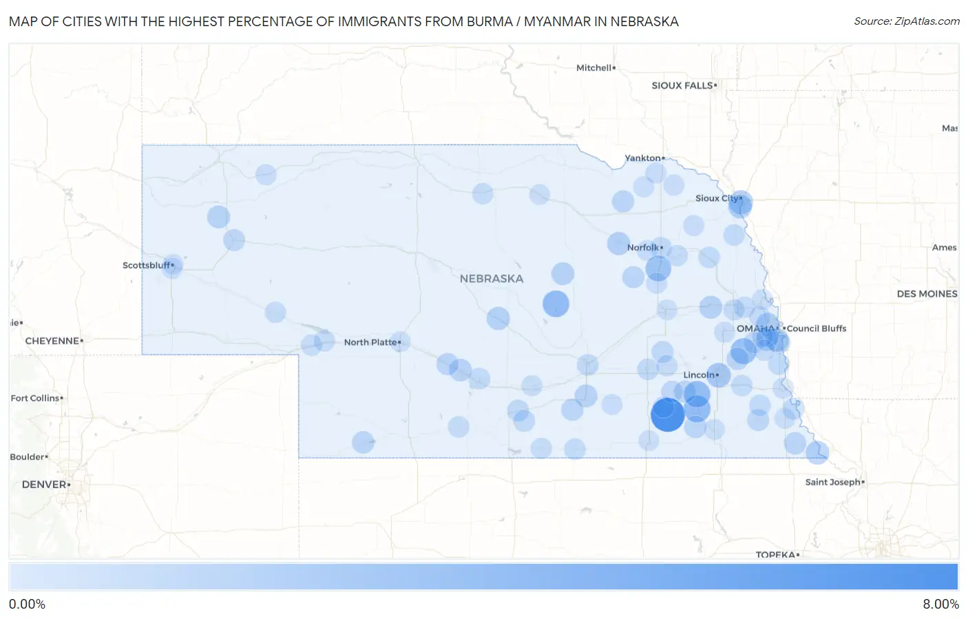 Cities with the Highest Percentage of Immigrants from Burma / Myanmar in Nebraska Map