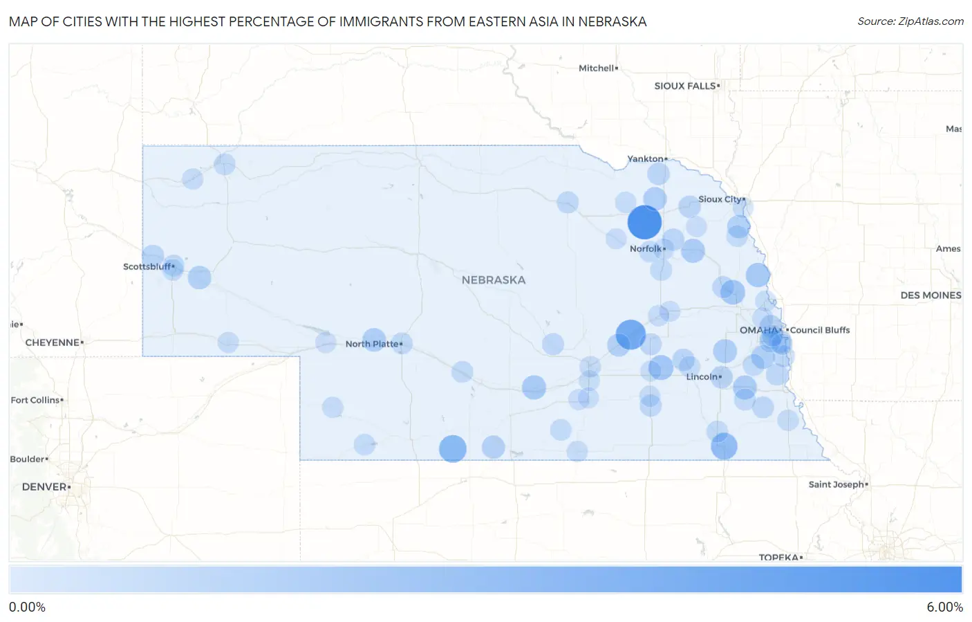 Cities with the Highest Percentage of Immigrants from Eastern Asia in Nebraska Map