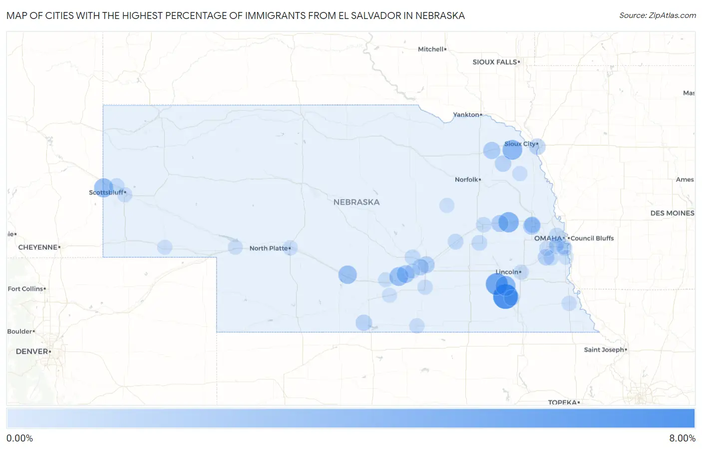 Cities with the Highest Percentage of Immigrants from El Salvador in Nebraska Map