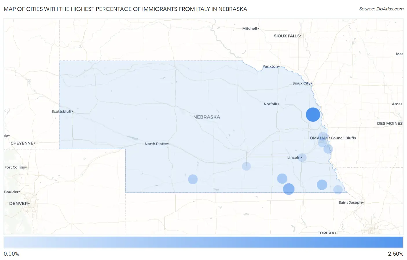 Cities with the Highest Percentage of Immigrants from Italy in Nebraska Map