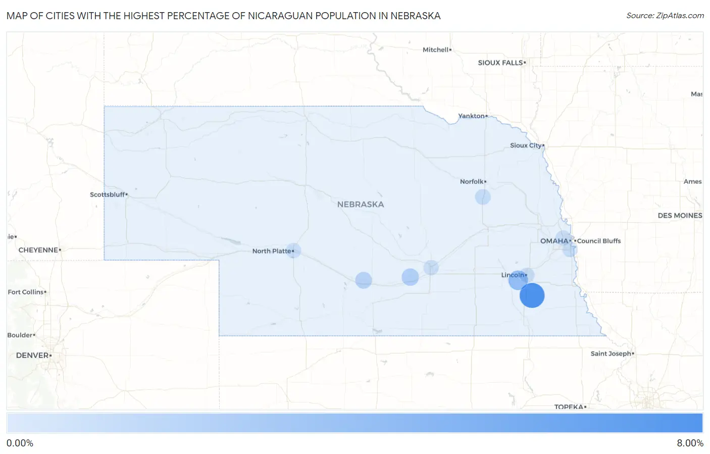 Cities with the Highest Percentage of Nicaraguan Population in Nebraska Map