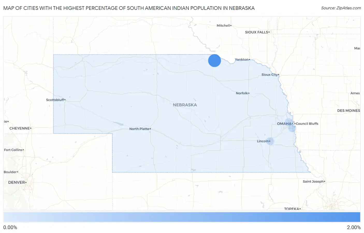 Cities with the Highest Percentage of South American Indian Population in Nebraska Map
