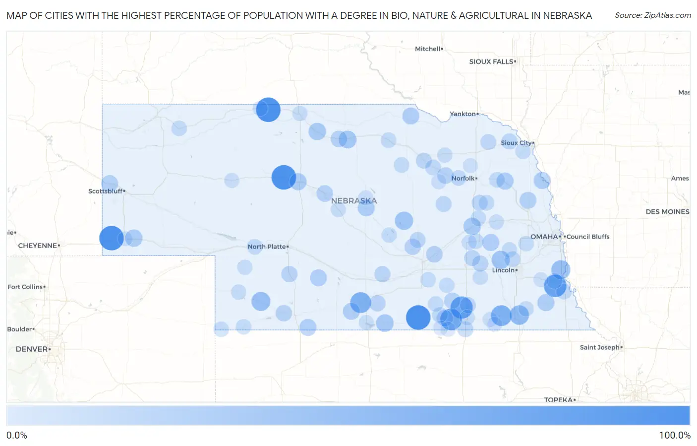 Cities with the Highest Percentage of Population with a Degree in Bio, Nature & Agricultural in Nebraska Map