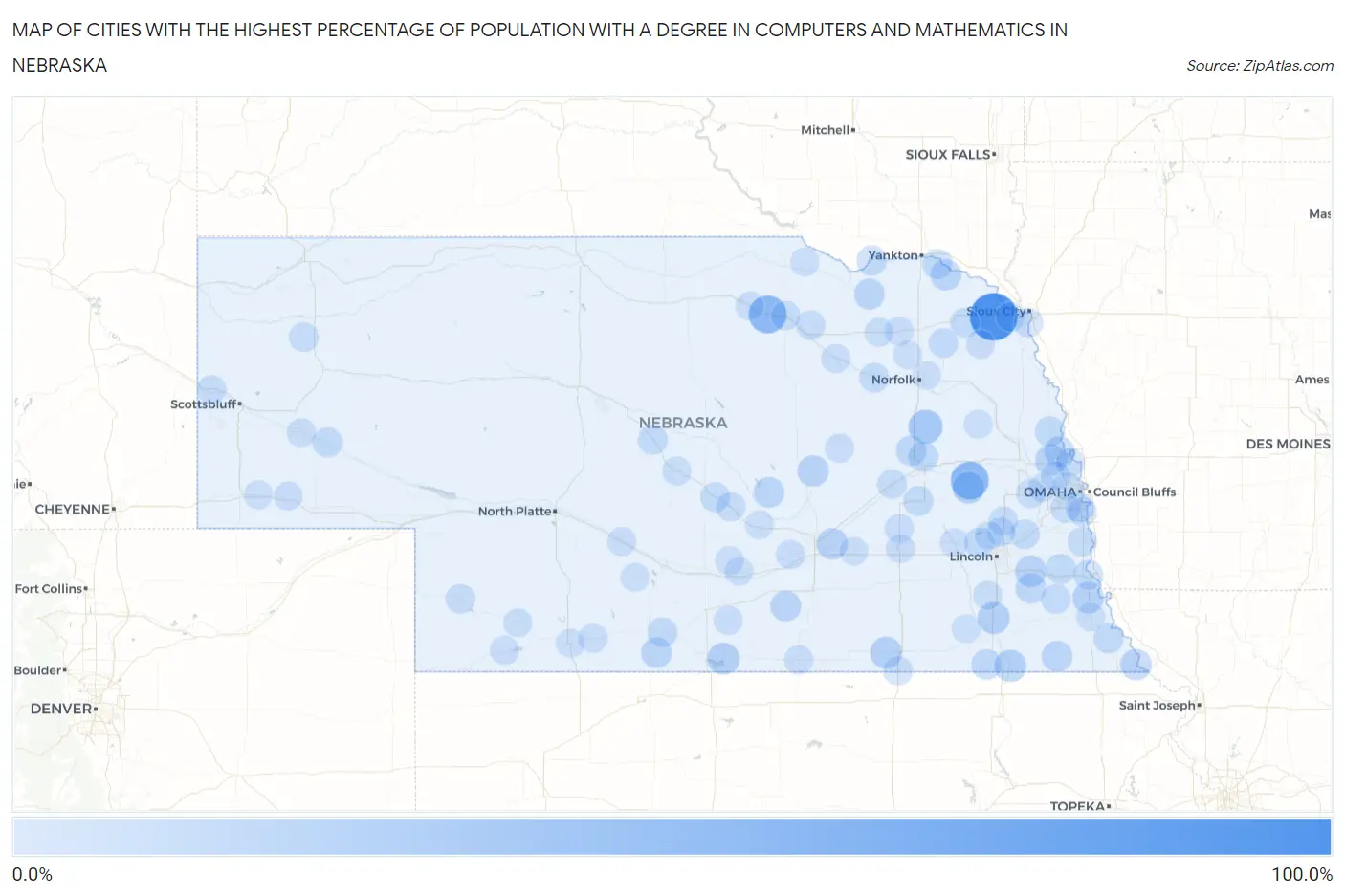 Cities with the Highest Percentage of Population with a Degree in Computers and Mathematics in Nebraska Map