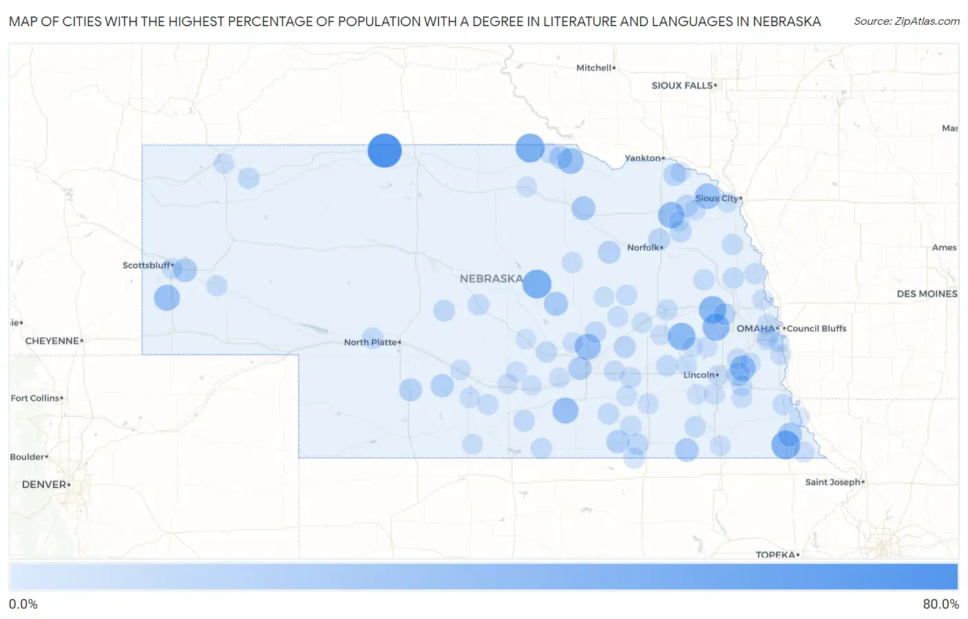 Cities with the Highest Percentage of Population with a Degree in Literature and Languages in Nebraska Map