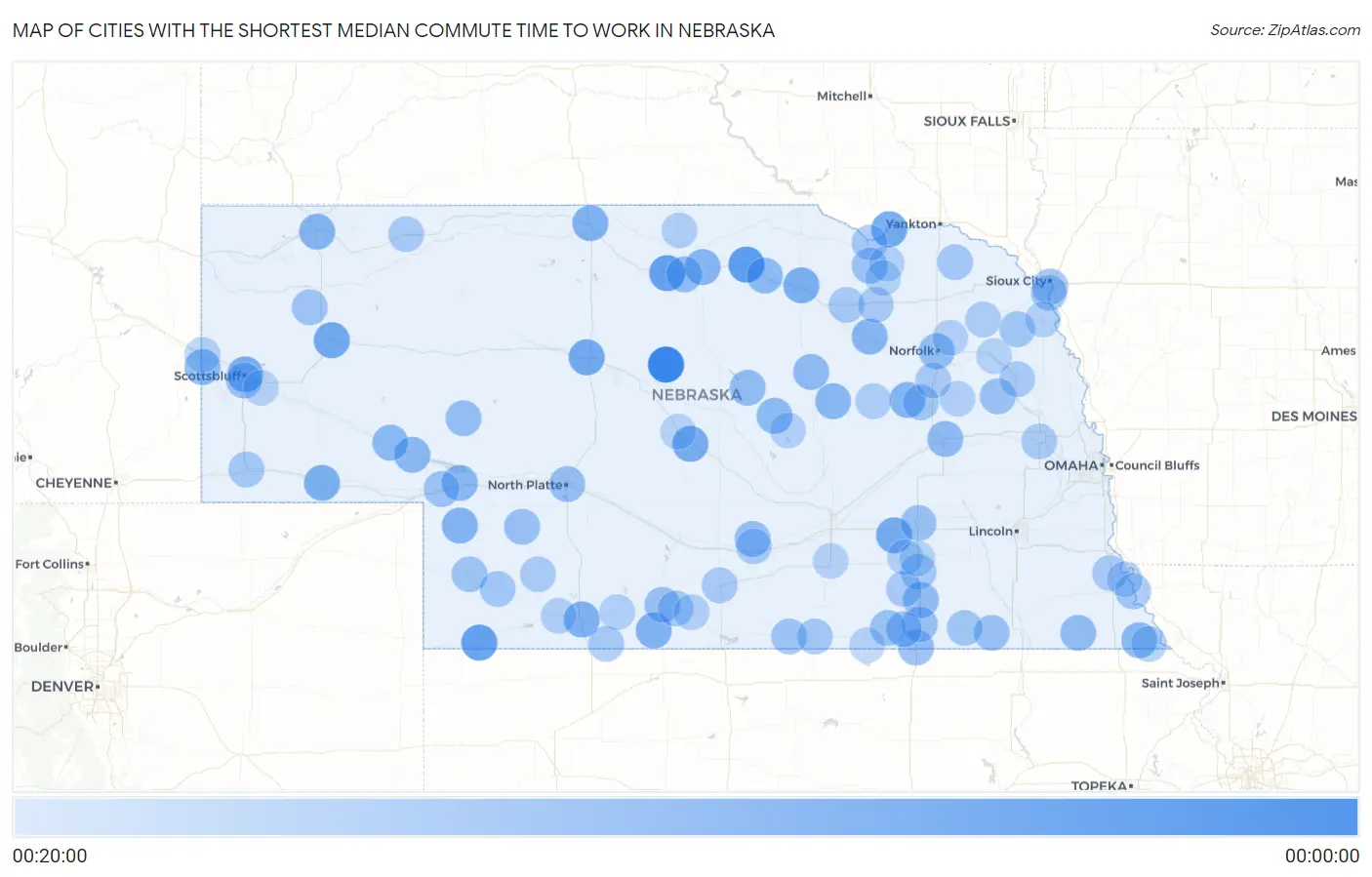 Cities with the Shortest Median Commute Time to Work in Nebraska Map