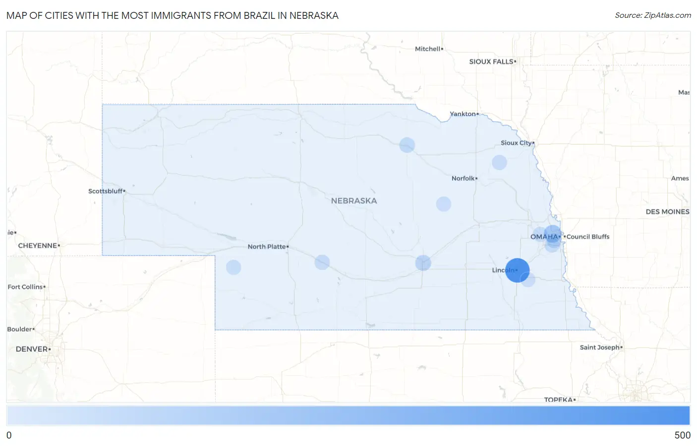 Cities with the Most Immigrants from Brazil in Nebraska Map