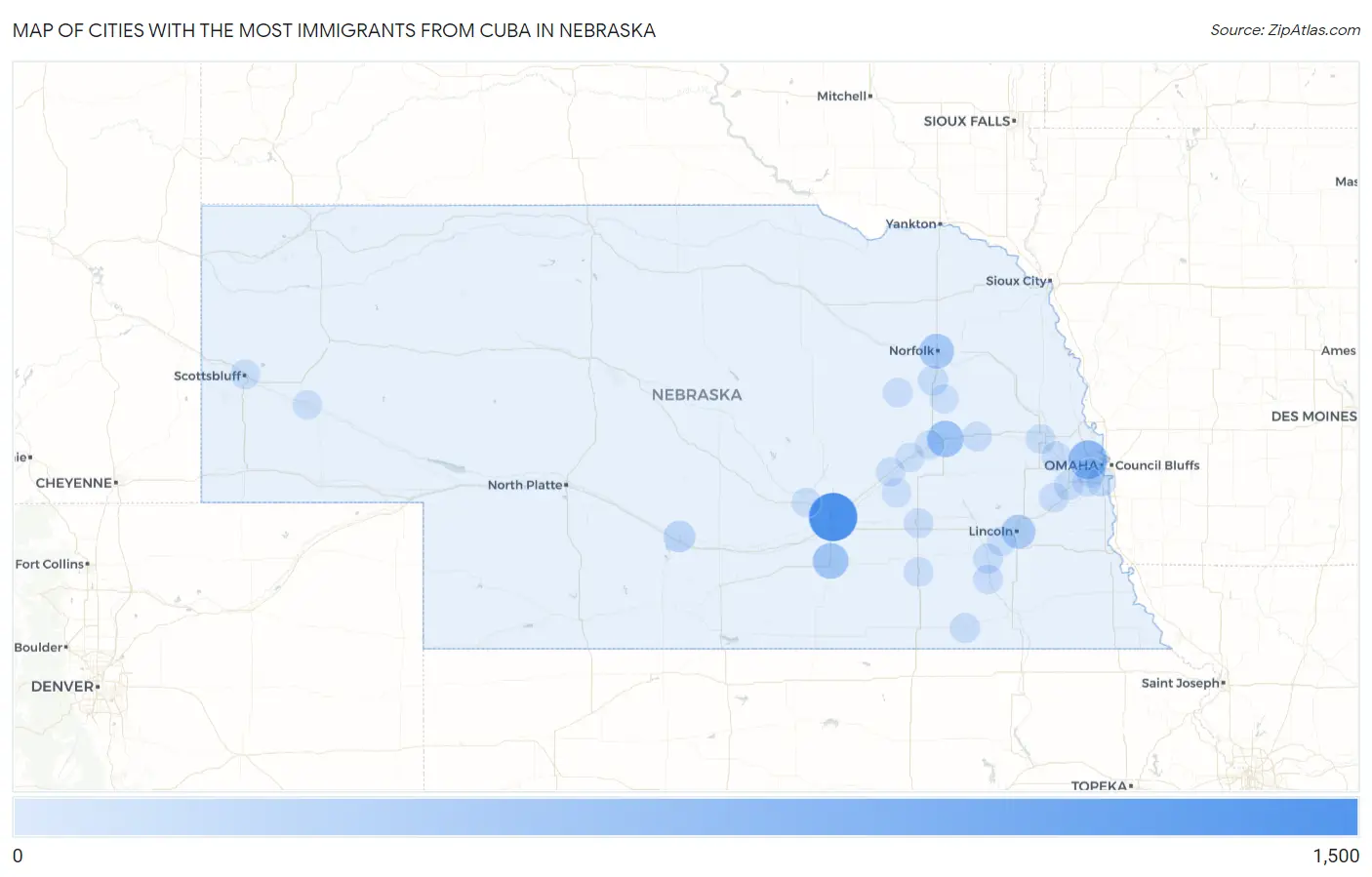 Cities with the Most Immigrants from Cuba in Nebraska Map
