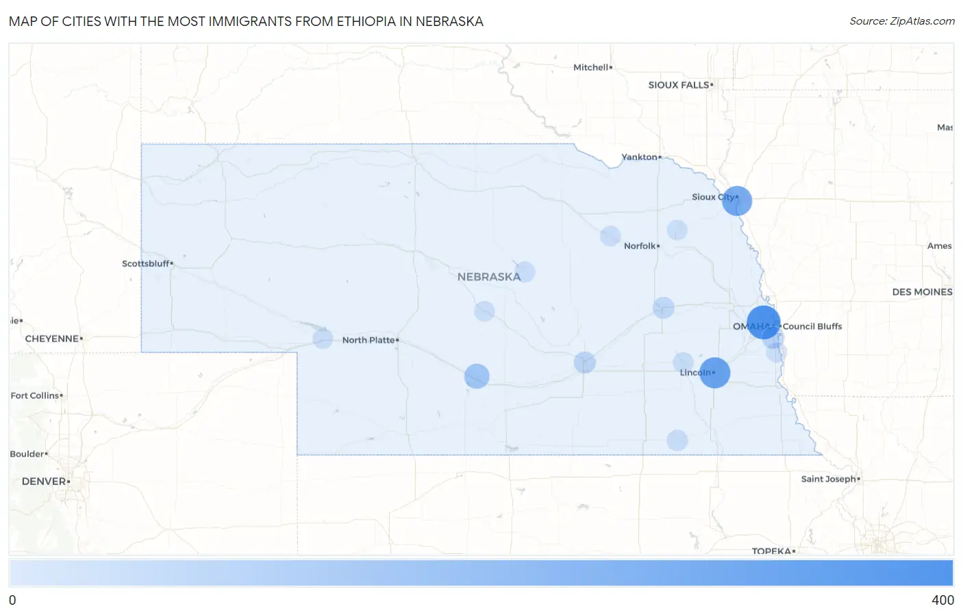 Cities with the Most Immigrants from Ethiopia in Nebraska Map