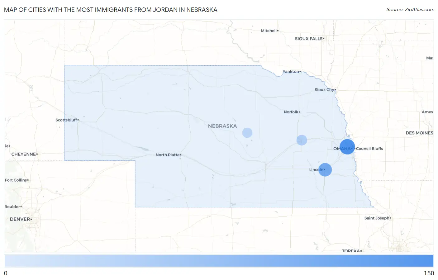 Cities with the Most Immigrants from Jordan in Nebraska Map