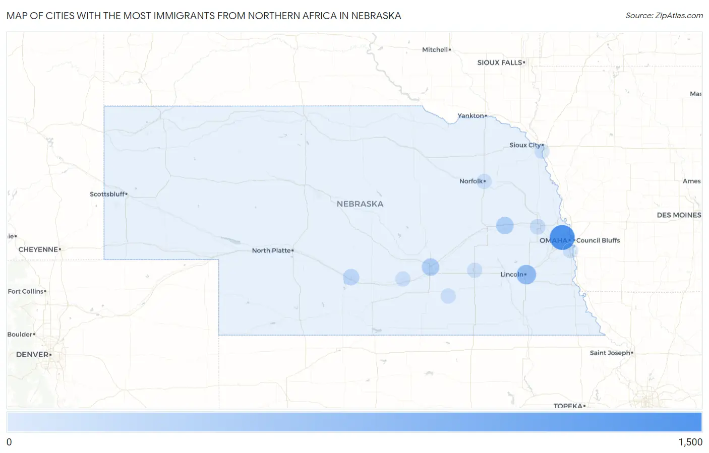 Cities with the Most Immigrants from Northern Africa in Nebraska Map