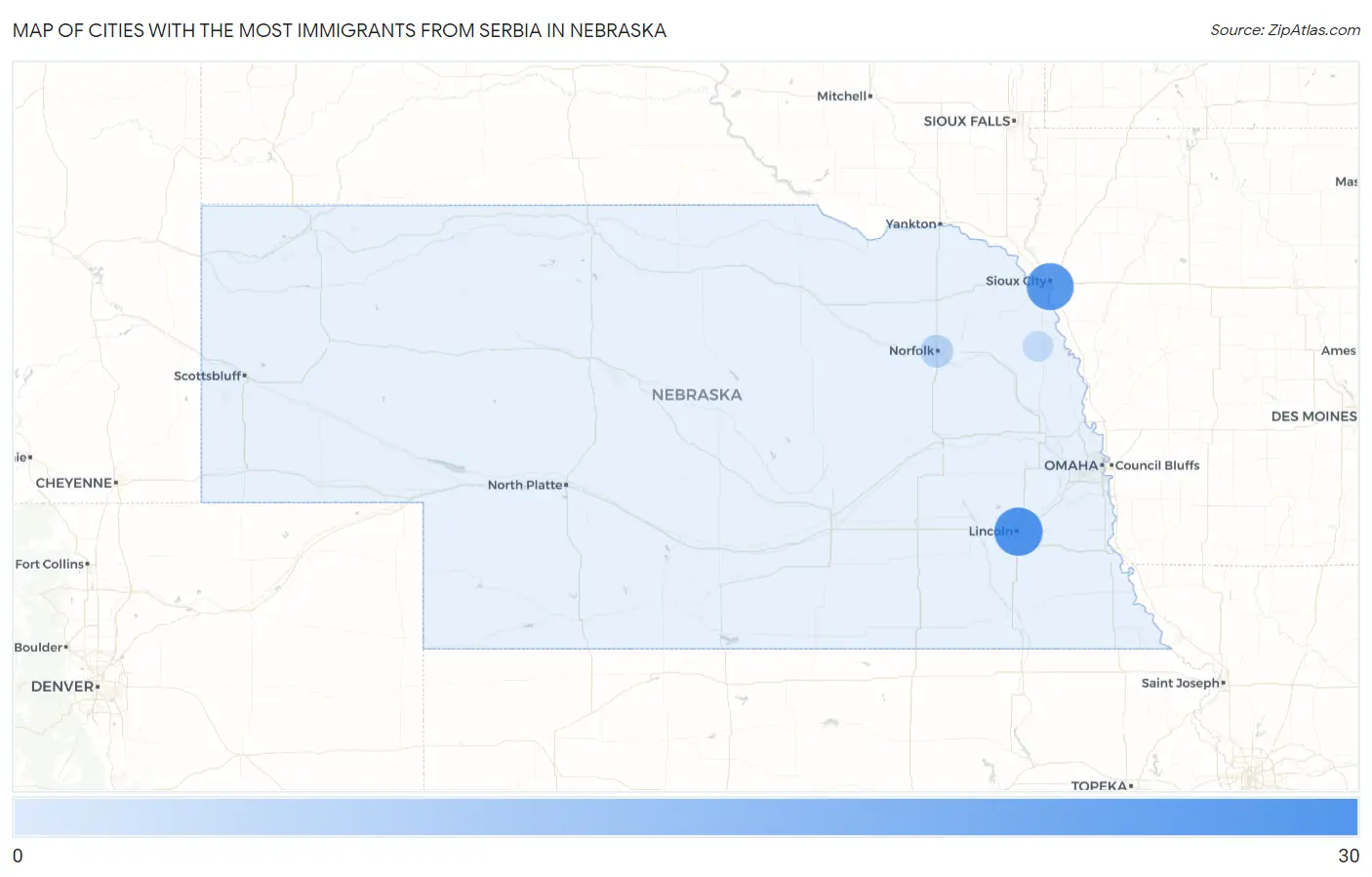 Cities with the Most Immigrants from Serbia in Nebraska Map