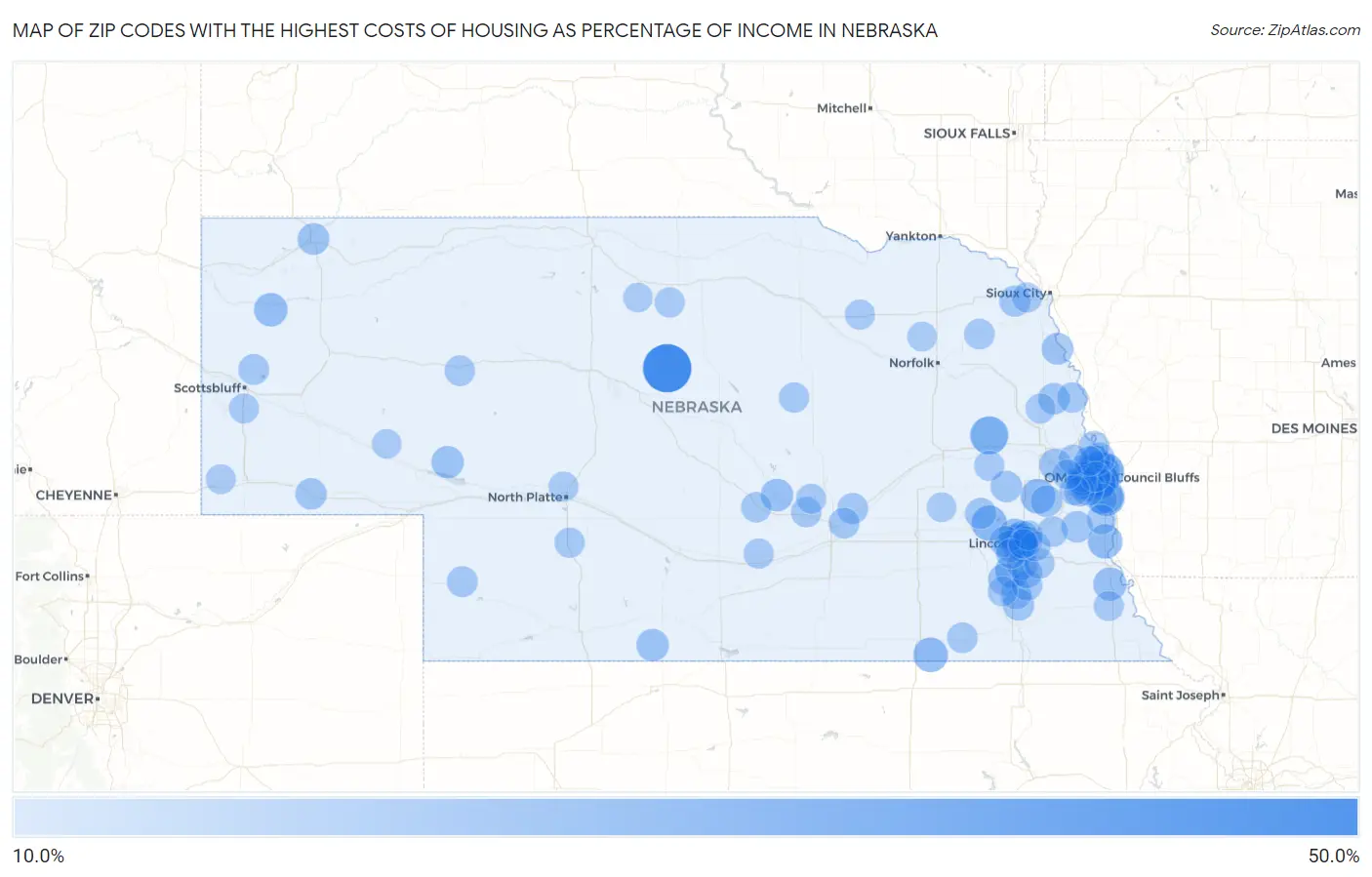 Zip Codes with the Highest Costs of Housing as Percentage of Income in Nebraska Map