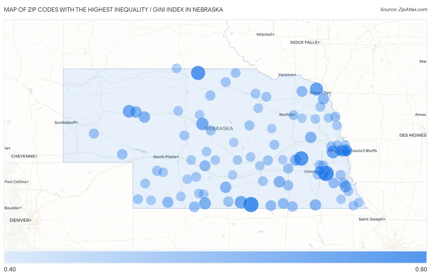 Zip Codes with the Highest Inequality / Gini Index in Nebraska Map