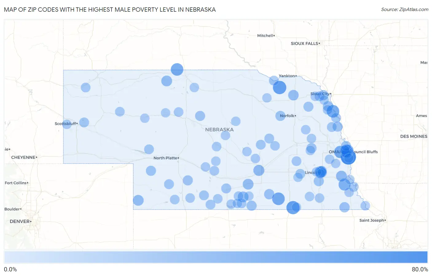 Zip Codes with the Highest Male Poverty Level in Nebraska Map