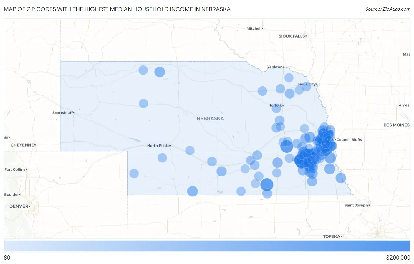 Zip Codes with the Highest Median Household Income in Nebraska Map