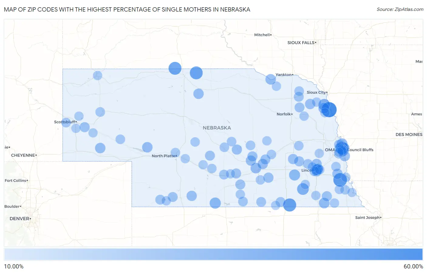 Zip Codes with the Highest Percentage of Single Mothers in Nebraska Map
