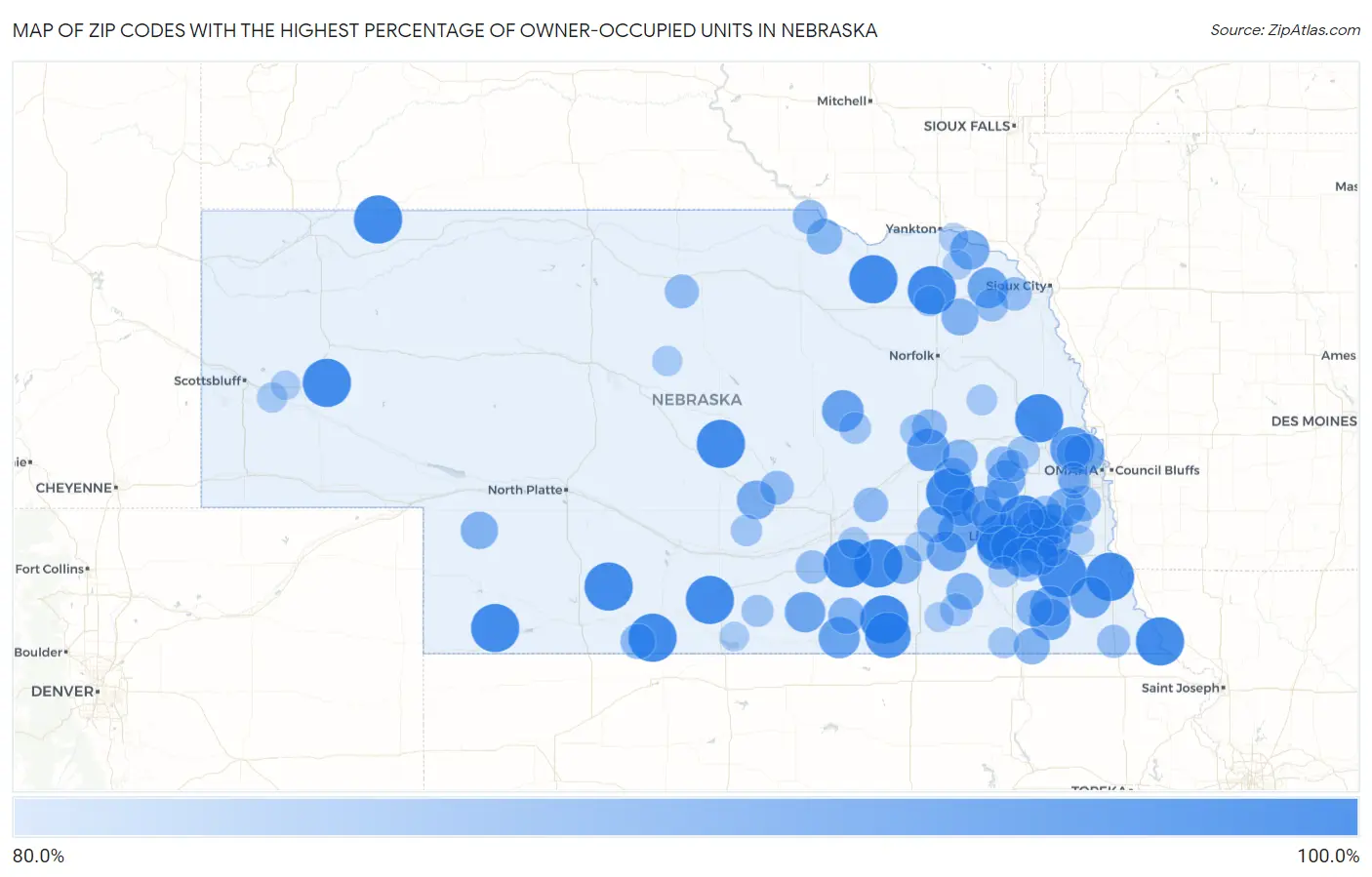 Zip Codes with the Highest Percentage of Owner-Occupied Units in Nebraska Map