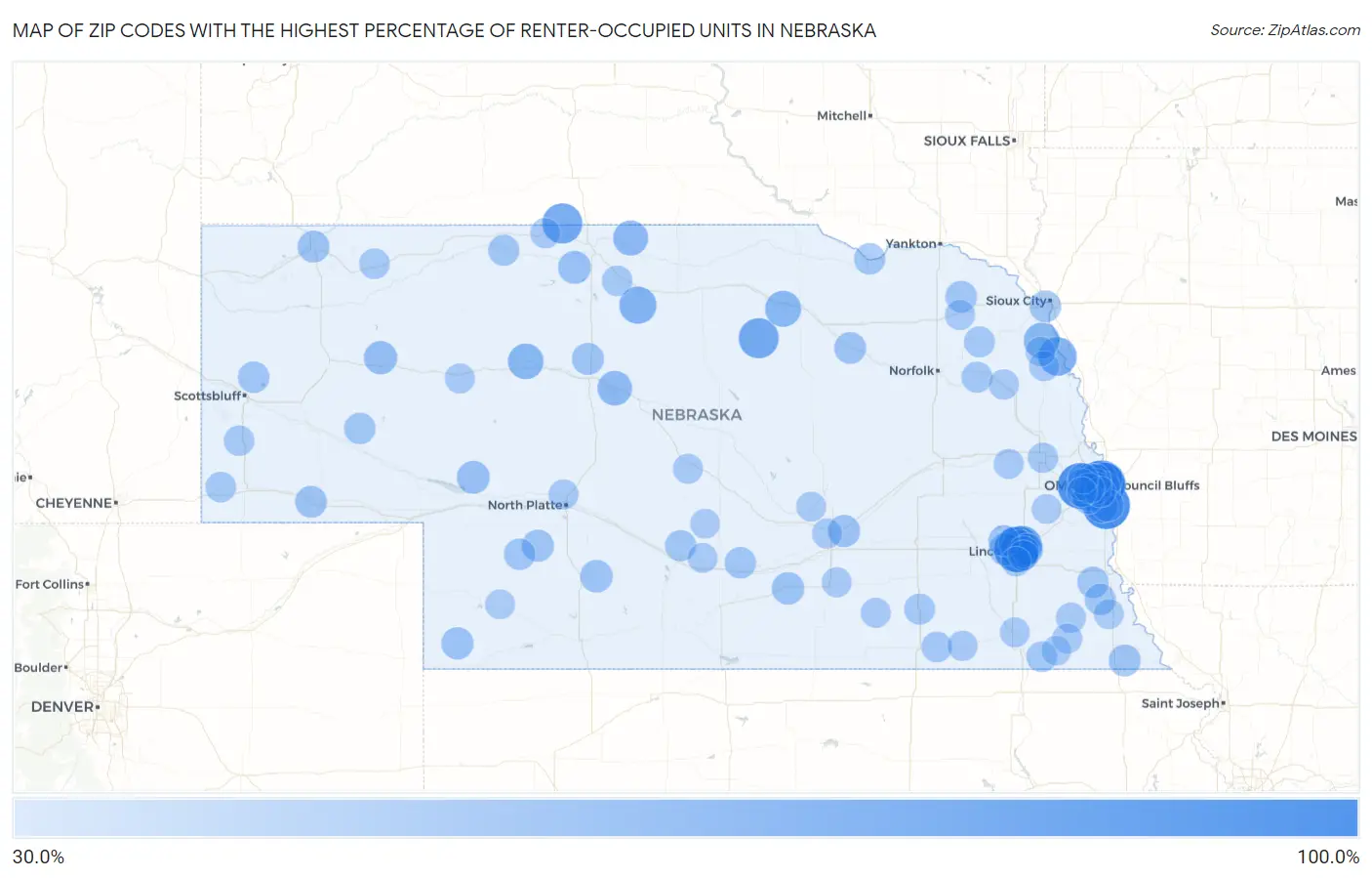 Zip Codes with the Highest Percentage of Renter-Occupied Units in Nebraska Map