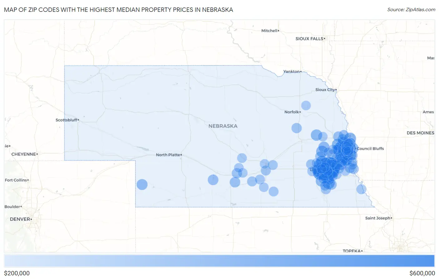 Zip Codes with the Highest Median Property Prices in Nebraska Map