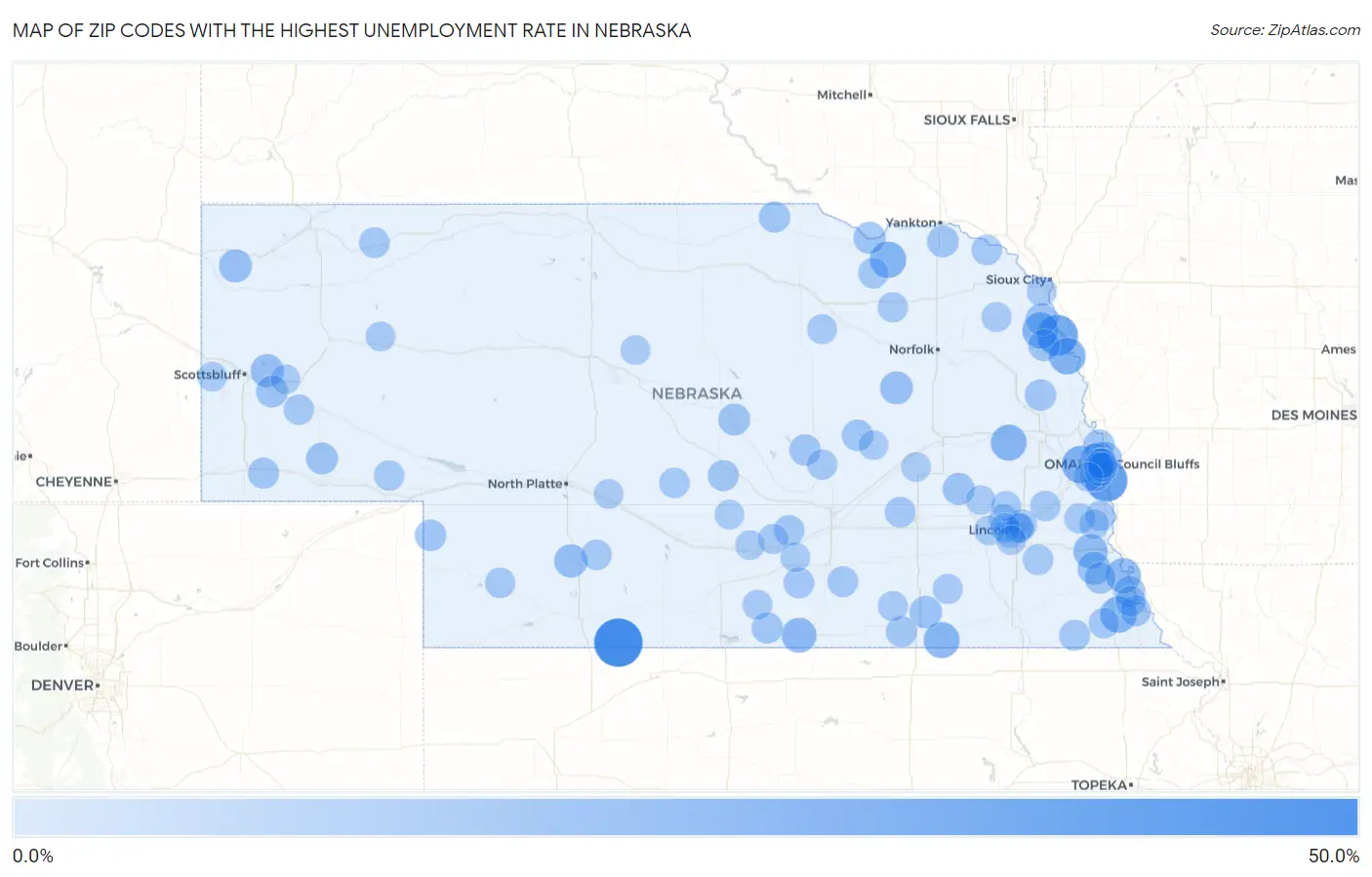 Zip Codes with the Highest Unemployment Rate in Nebraska Map