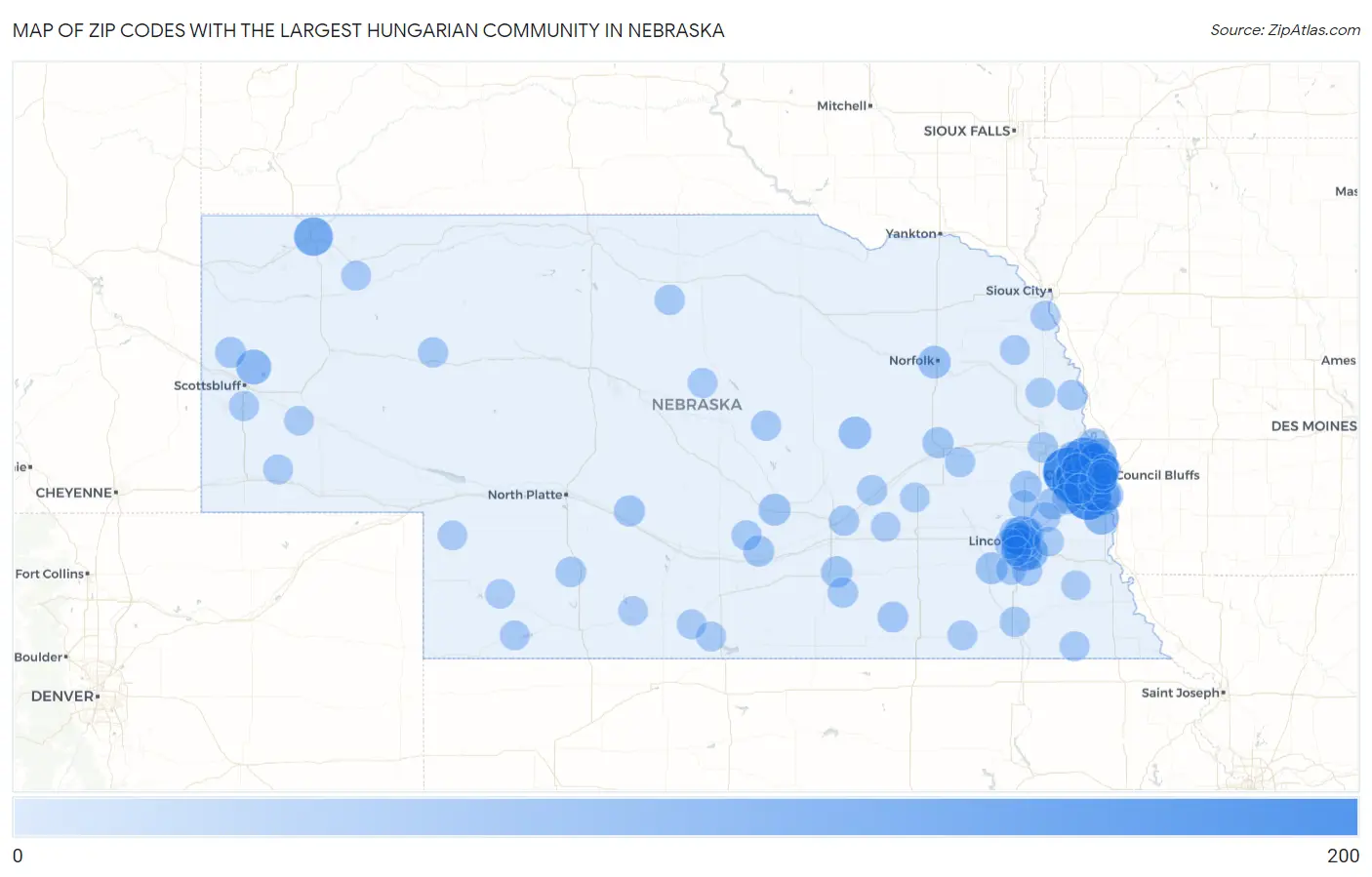 Zip Codes with the Largest Hungarian Community in Nebraska Map