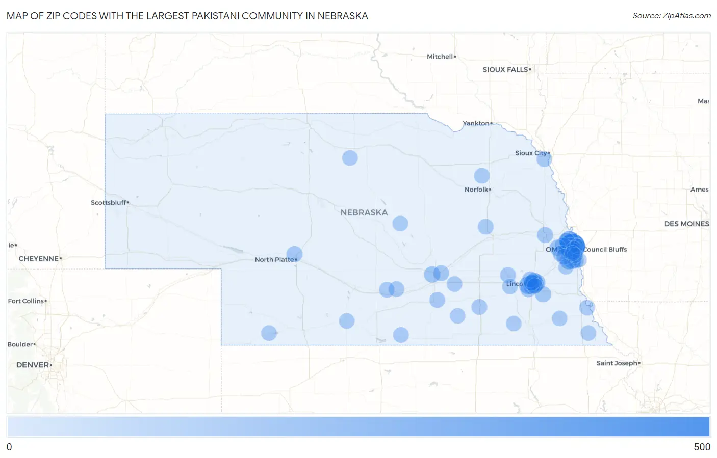 Zip Codes with the Largest Pakistani Community in Nebraska Map